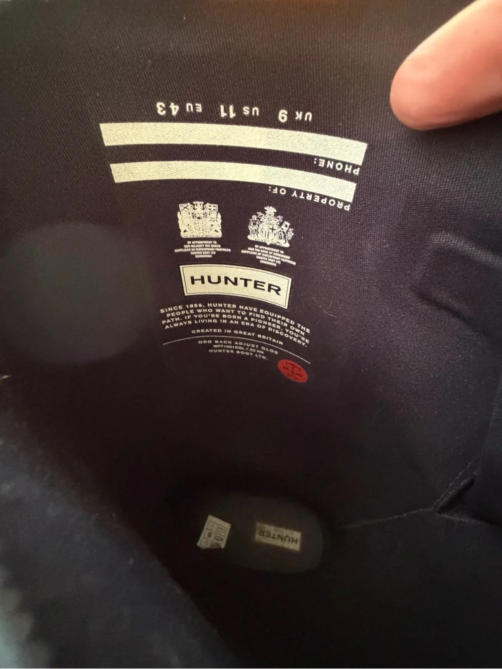 Hunter Black Tall Rain Boot Interior Label
